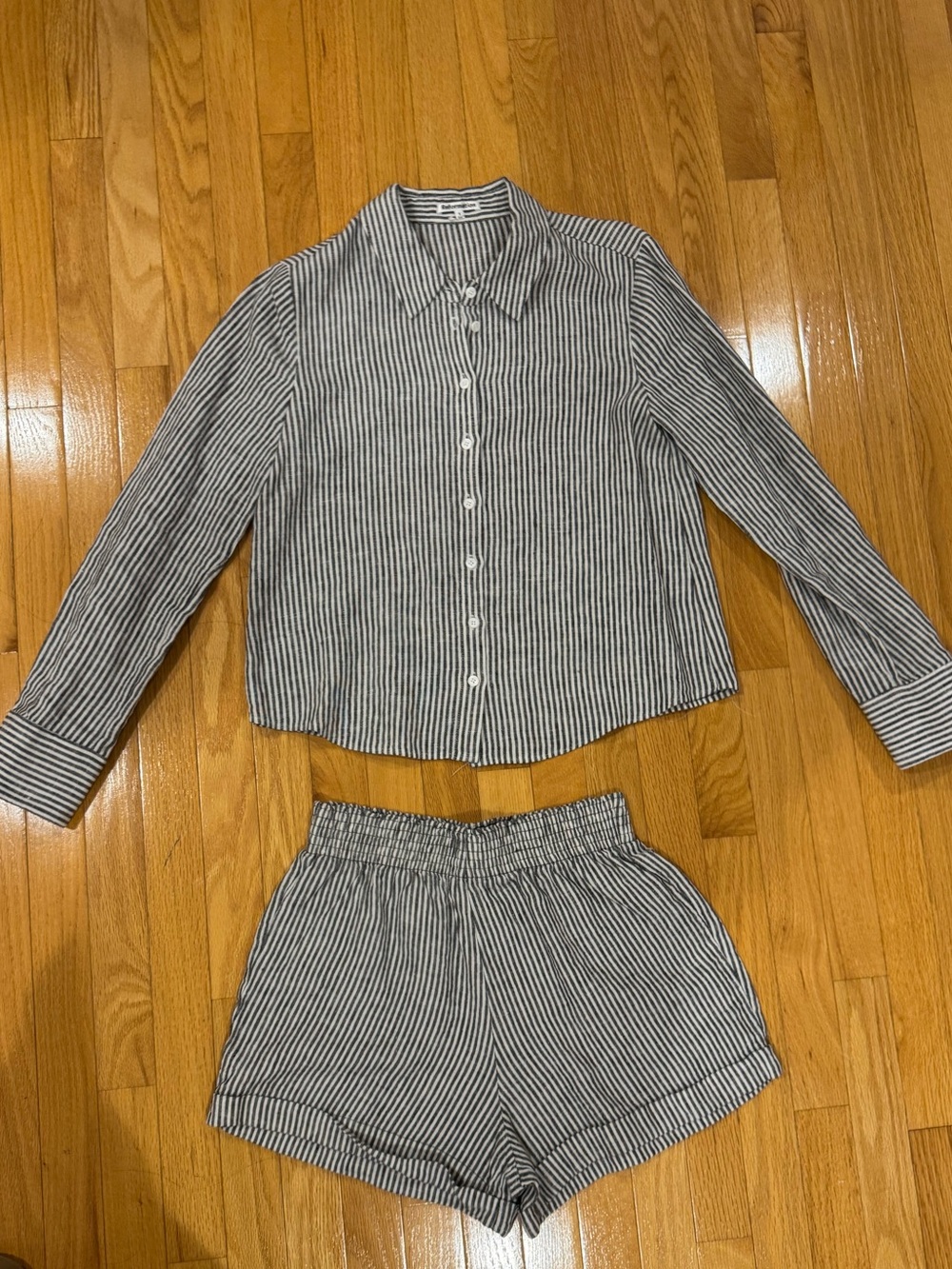 Reformation Navy & White Striped Button Shirt and shorts set